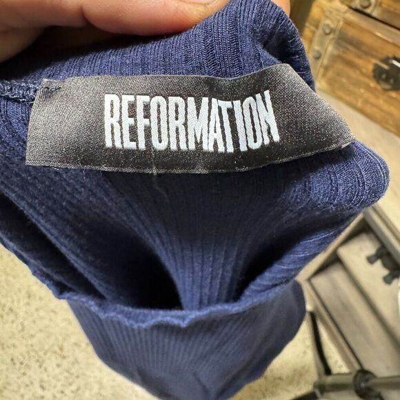 Reformation Gigi Ribbed Knit Navy Blue Mini Dress Size XS Casual Travel Stretch - Picture 6 of 8